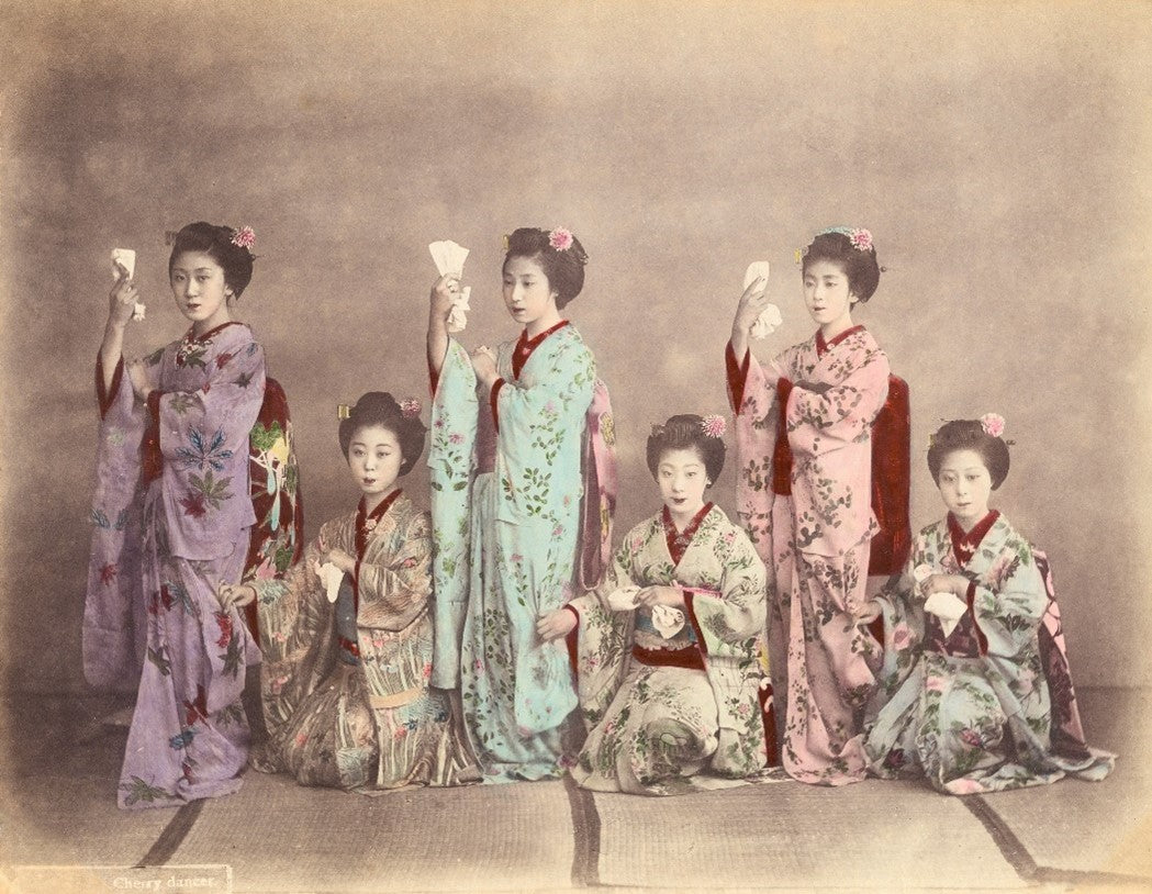 Hand-colored photo of six Japanese women in kimono performing cherry blossom dance, late 19th century
