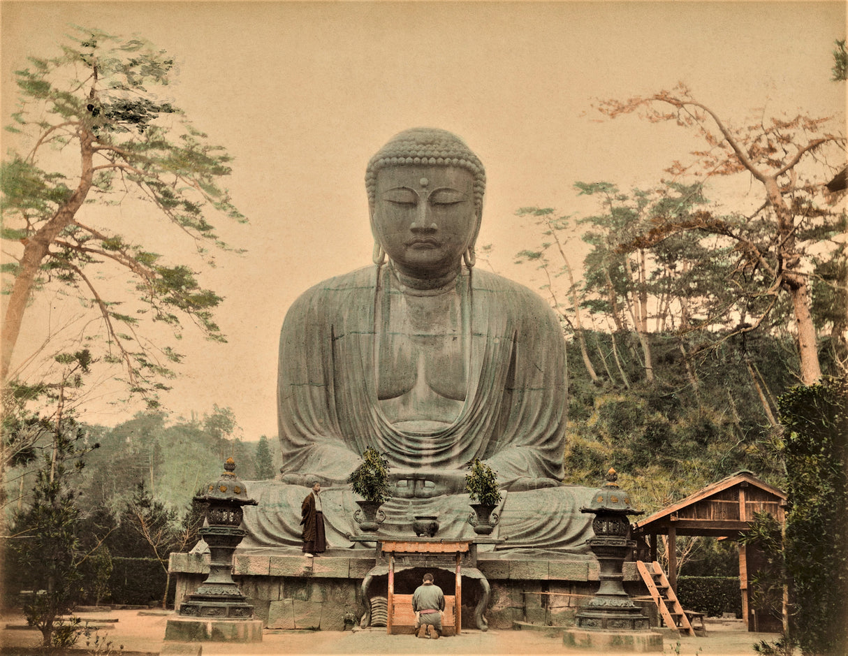 Fine art reproduction of a 19th-century hand-colored photograph of the Great Buddha (Daibutsu) of Kamakura, Japan.