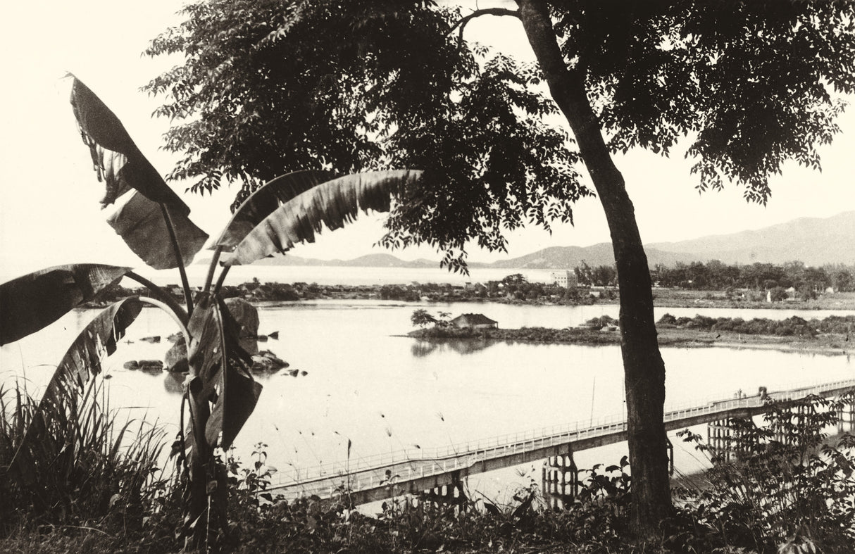 Sepia photograph of a bridge crossing a wide tropical river with banana trees in foreground, Indochina, 1940s