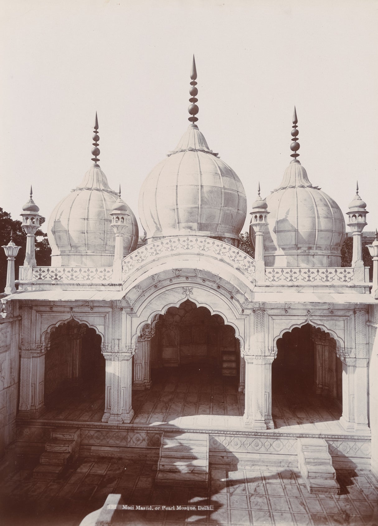 Sepia photograph of the white marble Moti Masjid mosque in Delhi, India, from the 1800s