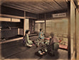 Meiji-era hand-colored photo of three women in a Japanese tea house sharing a meal or tea ceremony
