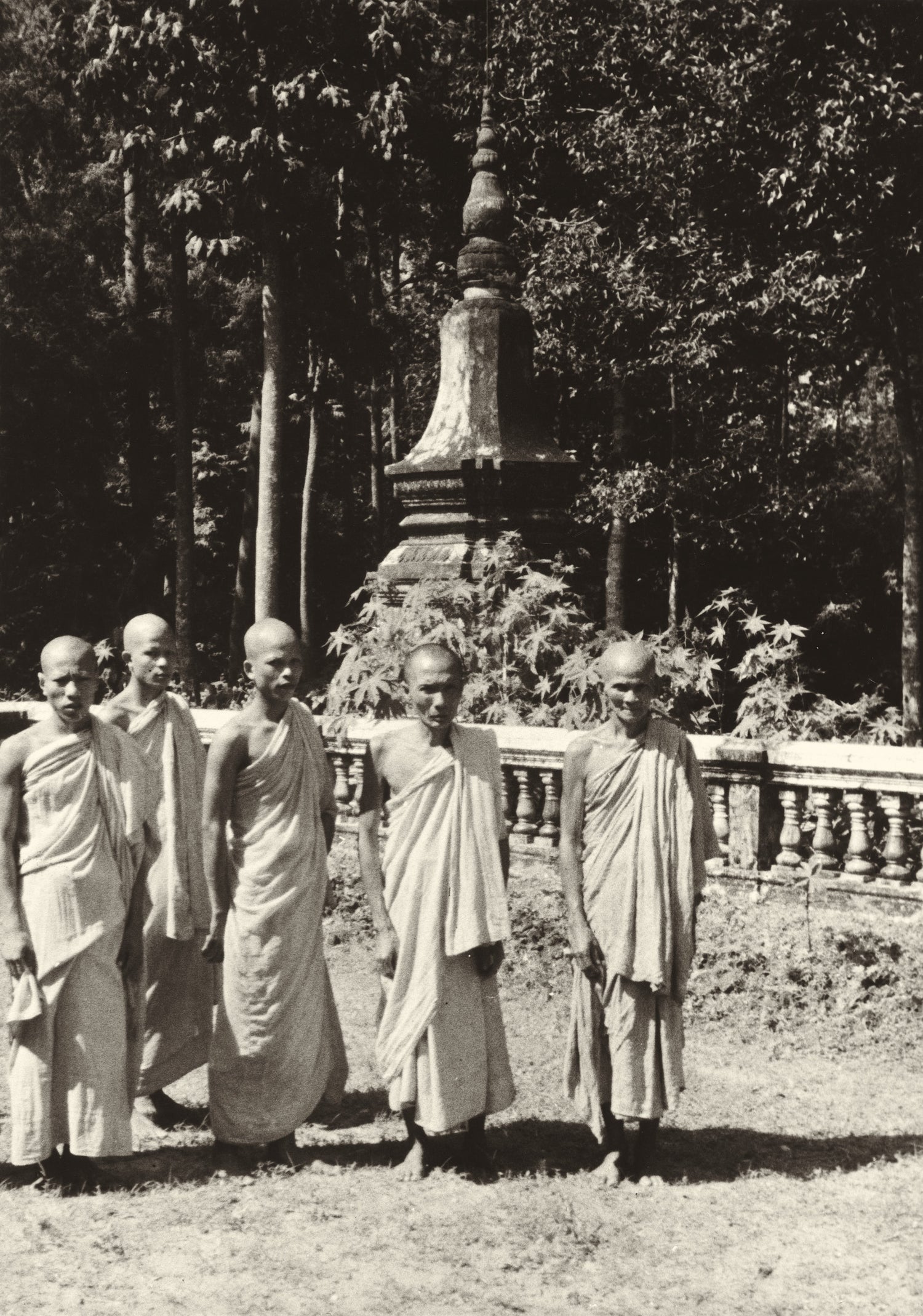 Sepia photo of five young Theravāda monks standing in robes near a forest stupa, Southeast Asia